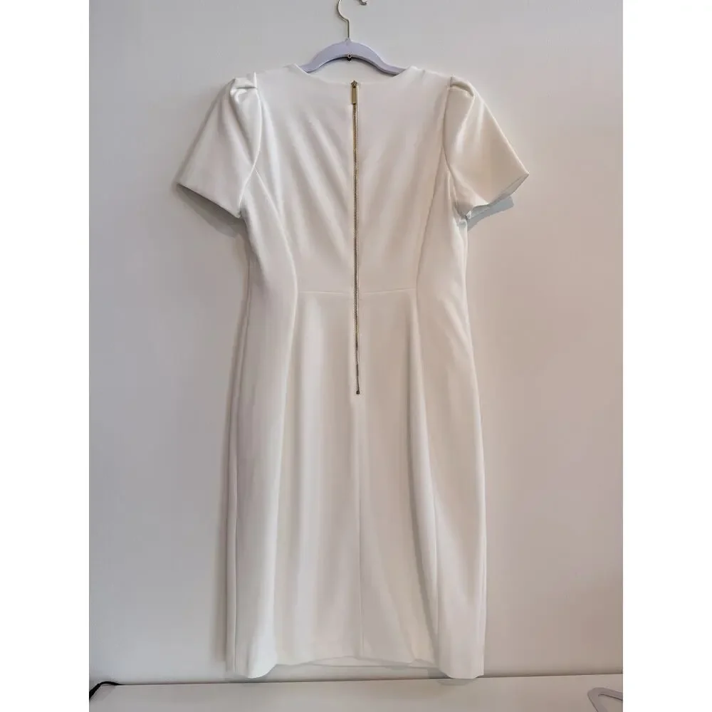 Calvin Klein Scuba Crepe Sheath Dress w/Short Tulip Sleeve in Cream - 10, NWOT - Picture 4 of 10